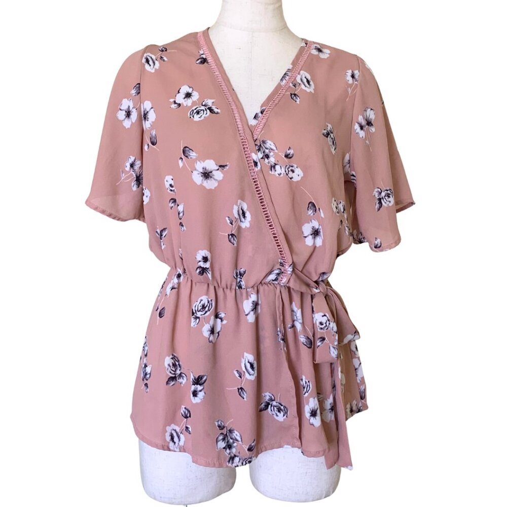 Sienna Sky Romantic Rose Pink Floral Print Side Tie Wrap Style Blouse Size S